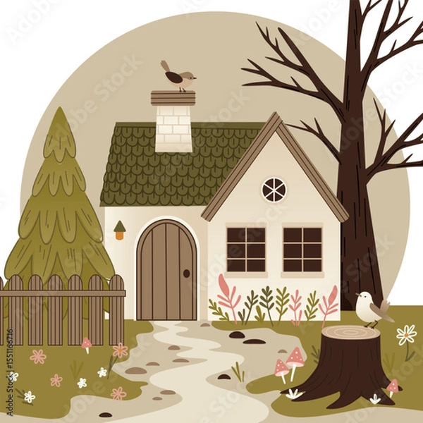 Fototapeta A cozy house surrounded by a tree, pine, stump and flowers. A path leads to the house, and birds sit on the roof and stump. There is a fence in front of the house and a tile roof. The scene is