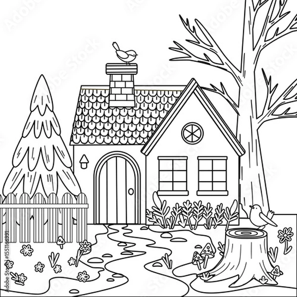Fototapeta A cozy house with a chimney, surrounded by a tree, a pine tree, and flowers. A pathway leads to the door, with birds perched on the roof and tree. Doodle illustration for coloring. Vector illustration