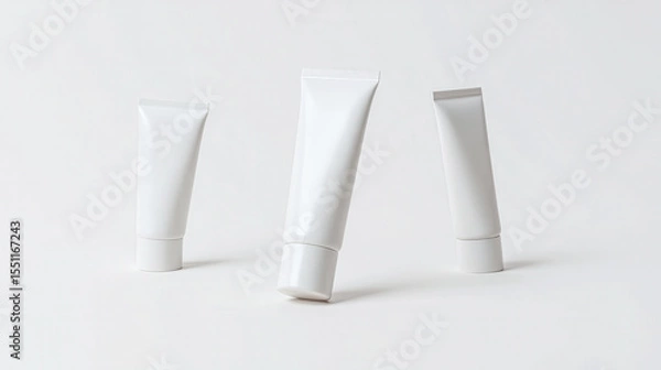 Fototapeta Three blank white cosmetic tubes for cream or lotion, clean minimalist product mockup isolated on pure white background for branding