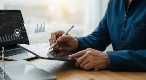 Fototapeta Businessperson analyzing financial data on a tablet, laptop and digital pen, modern office environment.