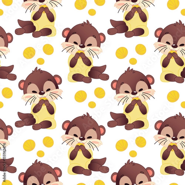 Fototapeta Seamless cute template featuring cartoon otters with shells. The otters are brown with light yellow accents, dainty malusk on a white background. Vector illustration