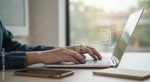 Fototapeta Digital Documents: Hands Typing on Laptop, Abstract File Icons, Mobile Phone, and Notepad.
