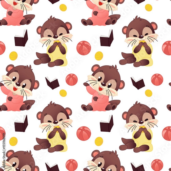 Fototapeta Seamless cute template featuring cartoon otters with shells, books and balls. The otters are brown in pink and yellow costumes on a white background. Vector illustration