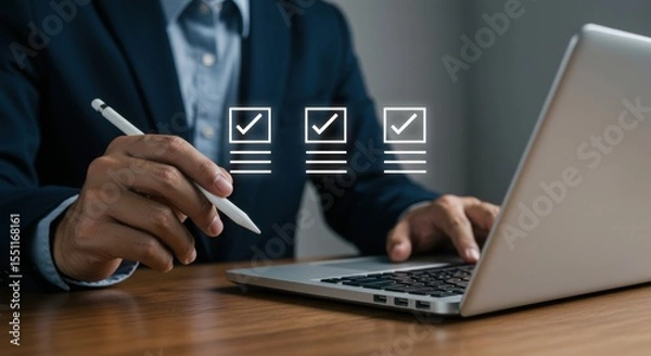 Fototapeta Digital checklist: Business professional completing online form with stylus on laptop.