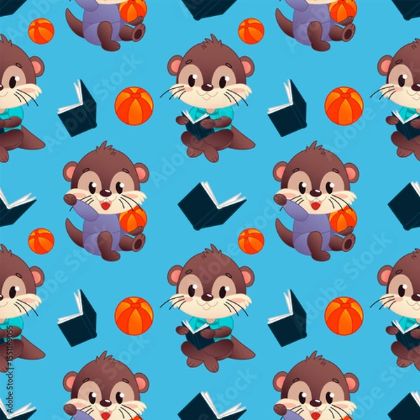 Fototapeta Cute template featuring cartoon otters with a ball and a book. The otters are brown in blue and purple outfits, one is reading a book, the other is playing with an orange ball. The background is