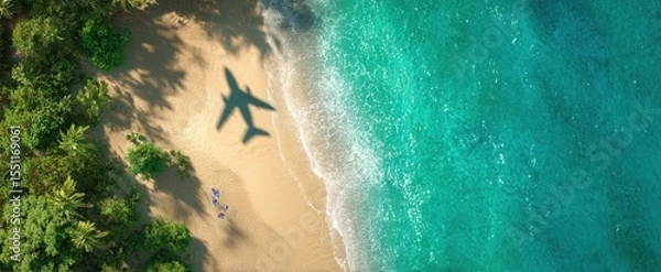 Fototapeta The airplane casts a shadow over a serene tropical beach landscape.