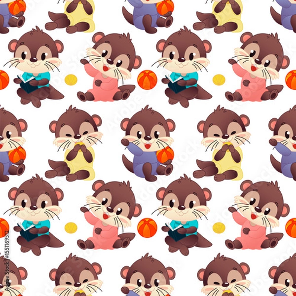 Fototapeta A seamless pattern depicting cartoon otters in different poses. Otters are depicted in bright colors, engaged with balls and toys on a white background. Vector illustration