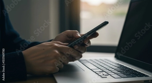 Fototapeta Smartphone use next to a laptop, indoor window light, close-up on hands.
