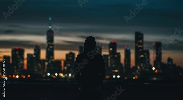 Fototapeta Hooded Figure Gazing at Illuminated Cityscape at Twilight.