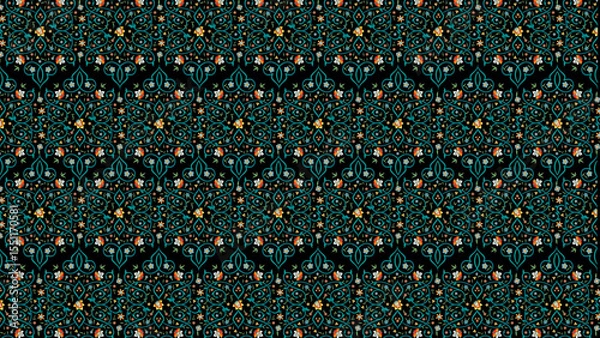 Obraz Intricate floral pattern with green vines and small flowers on a black background repeating design