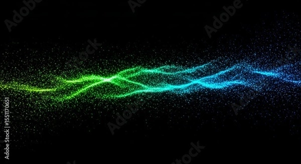 Fototapeta Abstract Green and Blue Glowing Particle Flow on Dark Background Visualization