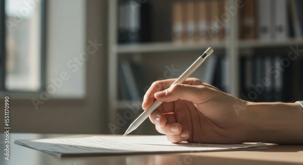 Fototapeta Hand with stylus writing on paper, soft light, office bookshelf background.