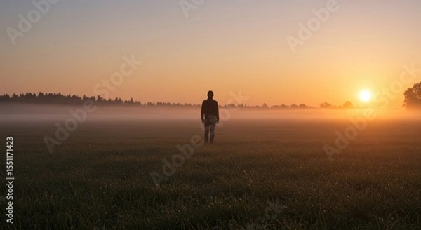 Fototapeta Solitary Figure in Fog, Dawn Light, Open Field, Silhouette, Tranquil Landscape.