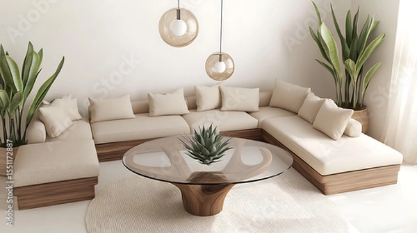 Fototapeta A living room with a sectional sofa, round table, and hanging light fixtures