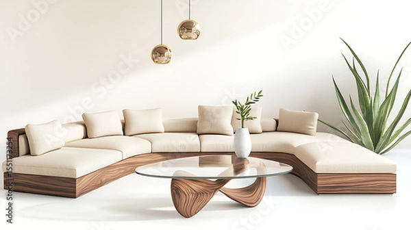 Fototapeta A modern living room with a curved sofa, glass table, and hanging light fixtures
