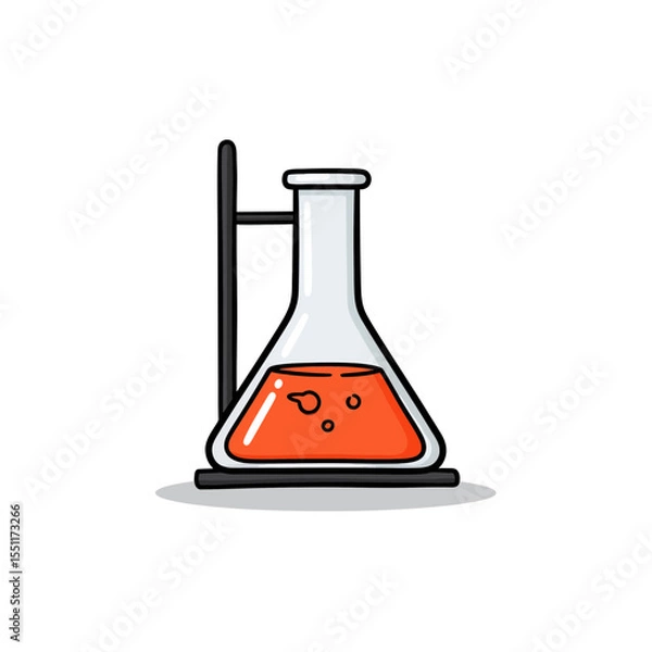 Fototapeta Bright orange liquid in a scientific Erlenmeyer flask with visible bubbles securely positioned on a dark lab stand simple flat style illustration promoting education research and