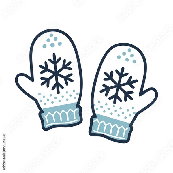 Fototapeta Cozy mittens with snowflake pattern. Winter clipart vector illustration on white background.