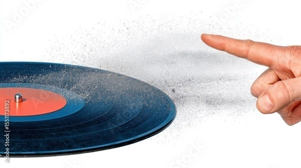 Fototapeta A hand pointing at the edge of an old vinyl record with dust particles floating. A vinyl disk with orange label. Retro release. Analog sound. Audio