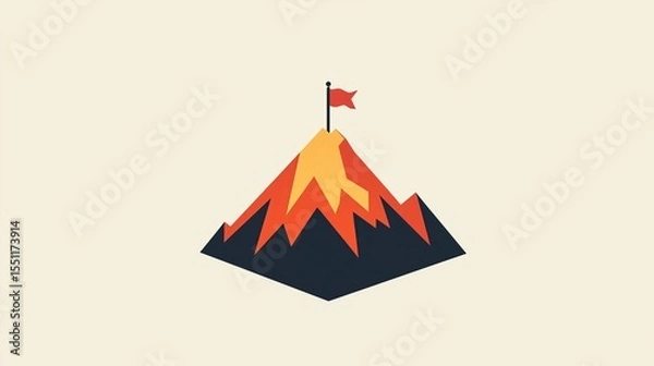 Fototapeta Red flag planted on top of the mountain. A mountain peak with a flag at very top symbolizing breaking down barriers and achieving goals