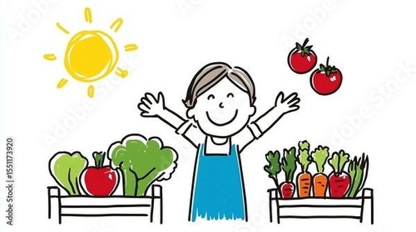 Fototapeta Grocery worker in apron. Simple clip art of a happy person with arms raised, standing in front of an open vegetable garden and lots of vegetables on the ground