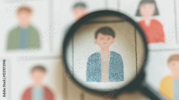 Fototapeta Human Resources. Closeup of a magnifying glass focusing on the profile pictures from several portraits of young men and women. Staff. Selection process or the choosing of a person to work