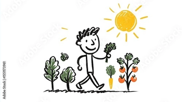 Fototapeta Vegetable garden enjoyer. A stick figure person is walking happily while carrying vegetables in their hands, with sunshine behind them