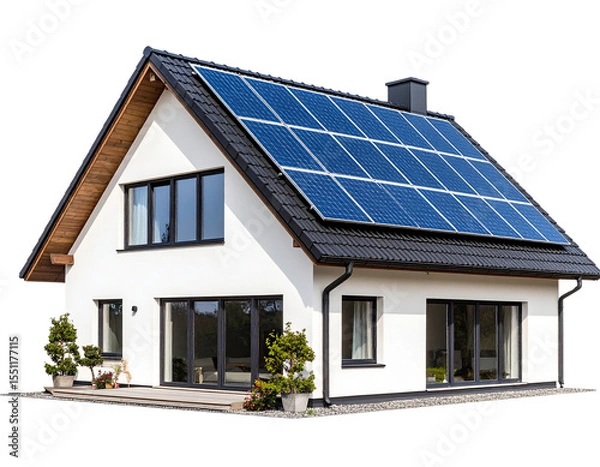 Obraz  “Modern House with Tilted Solar Roof Panels, Front Angle View, PNG Isolated”.