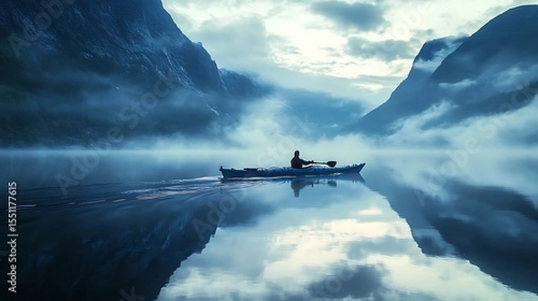 Fototapeta Kayaker paddles through misty mountain reflection