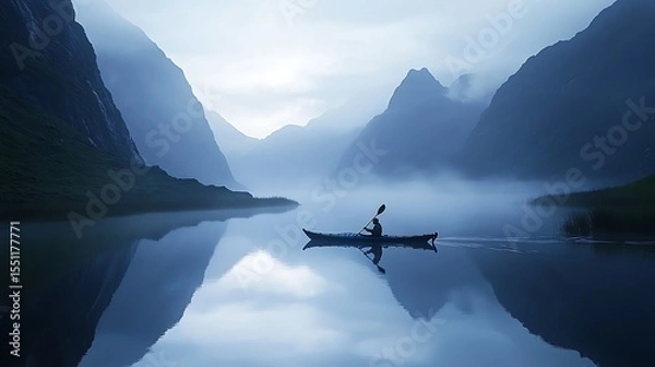 Fototapeta Kayaker paddling on a misty lake with mountains