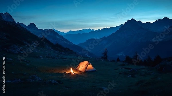 Fototapeta A tent and campfire at dusk in the mountains view