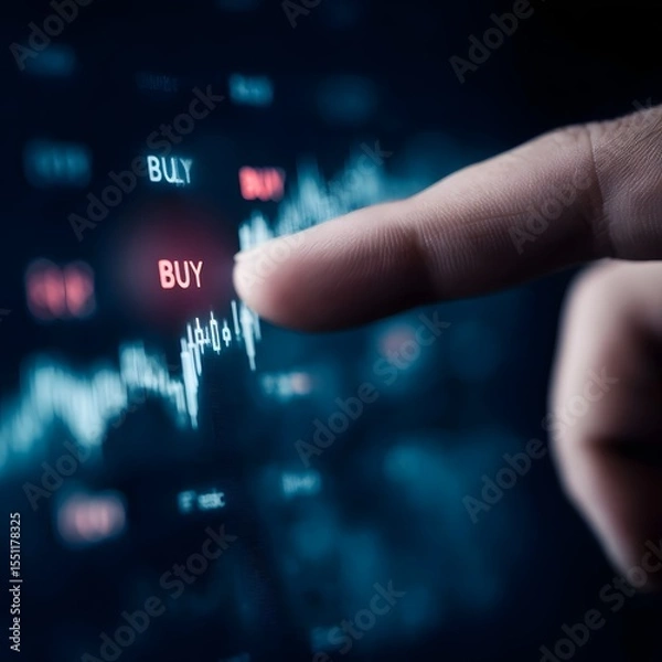 Fototapeta Finger touching a trading interface with buy and sell indicators