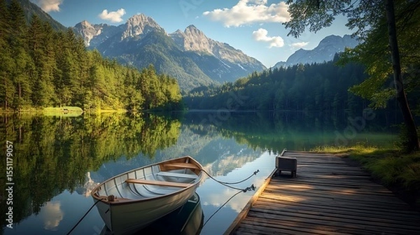 Fototapeta Boat on lake with mountains and trees in background