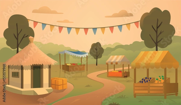Fototapeta Farmer village morning market stalls, cottage, greens, road, tree vector illustration cartoon background