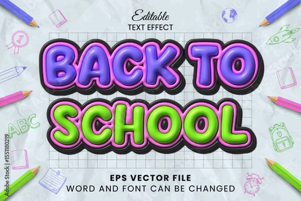 Fototapeta Back to school 3d inflated 3d editable vector text effect. Colorful school text style