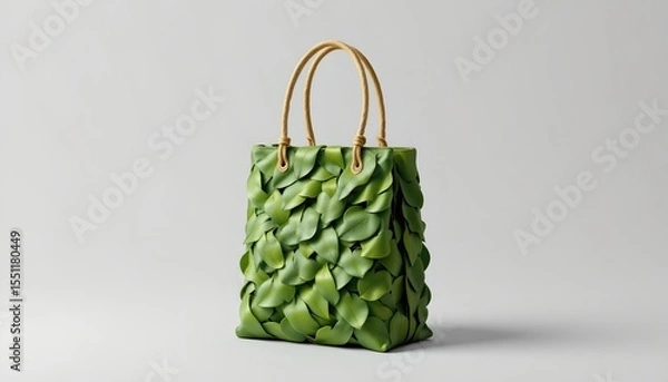 Fototapeta stock photo, 3d render of a shopping bag made from woven green leaves, concept for sustainable shopping and biodegradable materials, sharp focus, with absolutely no text, no logos, no letters