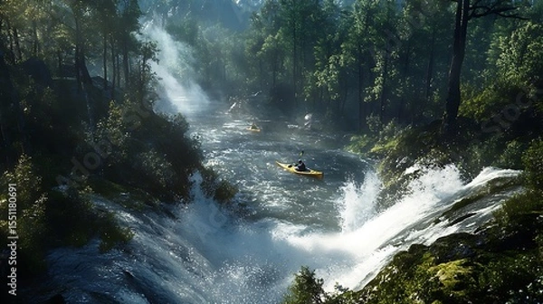 Fototapeta Kayakers navigating a river with rapids and forest