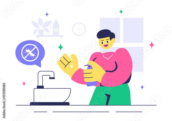 Obraz Antibacterial Vector Illustration Featuring Handwashing, Virus Prevention, and Microbe Control for Hygiene and Healthcare in a Flat Background