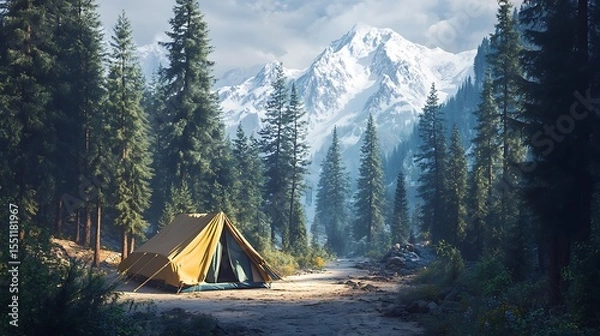 Fototapeta A tent in a forest with snow capped mountains view
