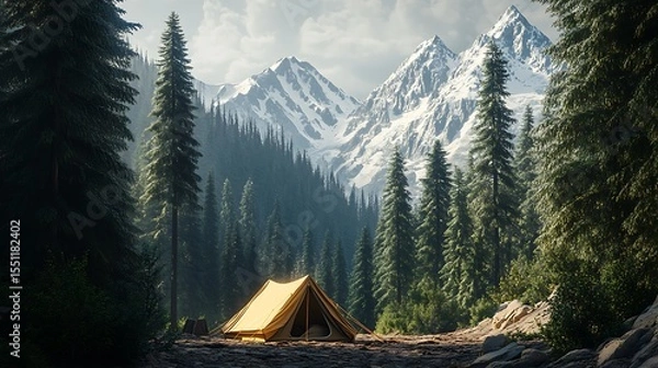 Fototapeta A tent in a forest with snow capped mountains behind