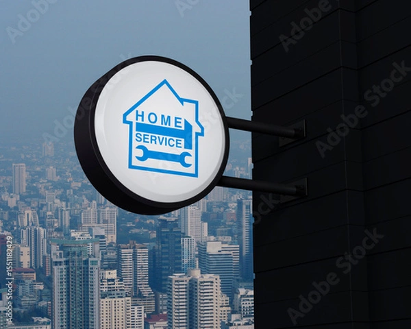 Fototapeta Hammer and wrench with house icon on hanging black rounded signboard over modern city tower, office building and skyscraper, Business home service concept, 3D rendering