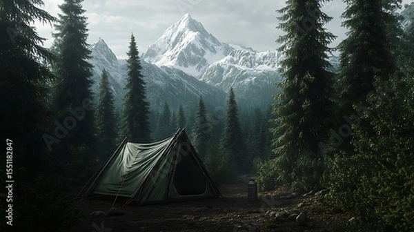 Fototapeta Tent in the forest with snowy mountains in the back