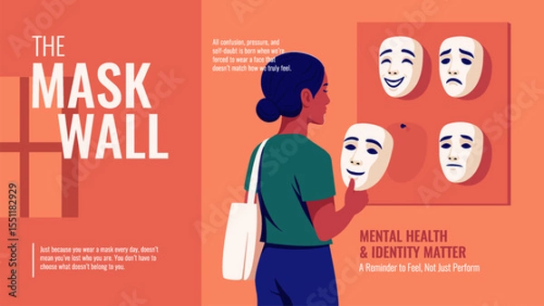 Obraz The Mask Wall-Conceptual Illustration of Hidden Emotions and Mental Health Awareness Vector Design