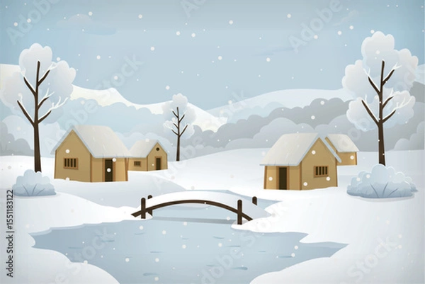 Fototapeta Snowy village, cottages, field area, water lake and wood bridge snowy tree vector illustration cartoon background