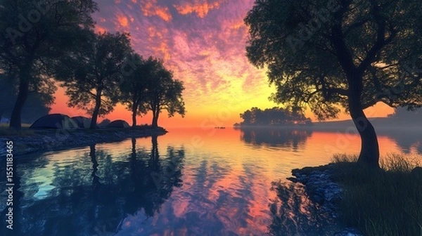 Fototapeta Lake view with tents and trees under sunset sky