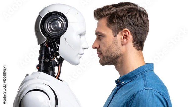 Fototapeta Human and Robot Sharing Eye Contact with Mutual Respect isolated on transparent background. 