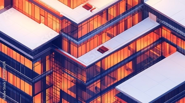 Fototapeta Geometric building with glass and orange reflections