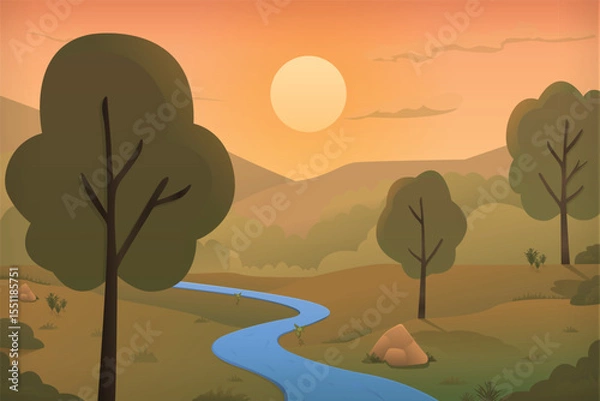 Fototapeta Sunset morning empty field area or farmer village, water lake, tree and greenery vector illustration cartoon background