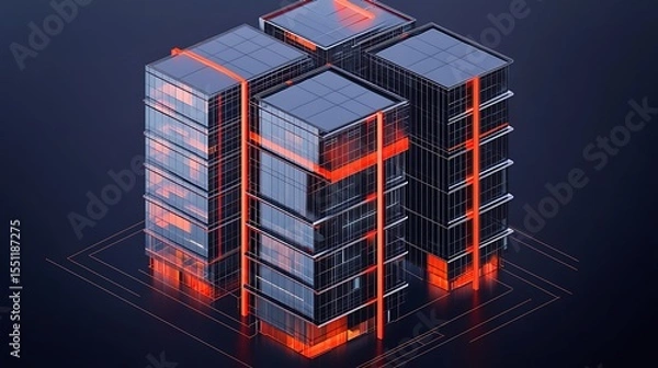 Fototapeta Isometric view of four buildings with orange accents