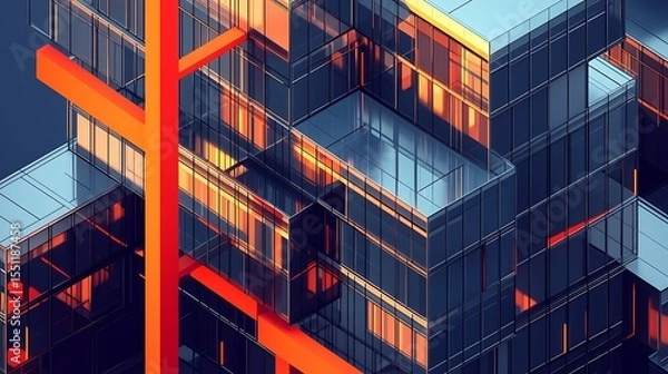 Fototapeta Abstract building with orange beams and glass panels