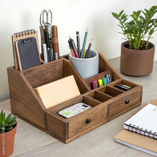 Fototapeta A stylish wooden desk organizer filled with neatly arranged office essentials—pens, pencils, notebooks, and scissors—accented by lush potted plants for a calming workspace aesthetic.